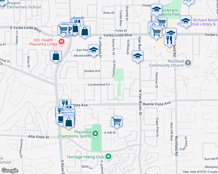 map of restaurants, bars, coffee shops, grocery stores, and more near 5352 Redwood Street in Yorba Linda