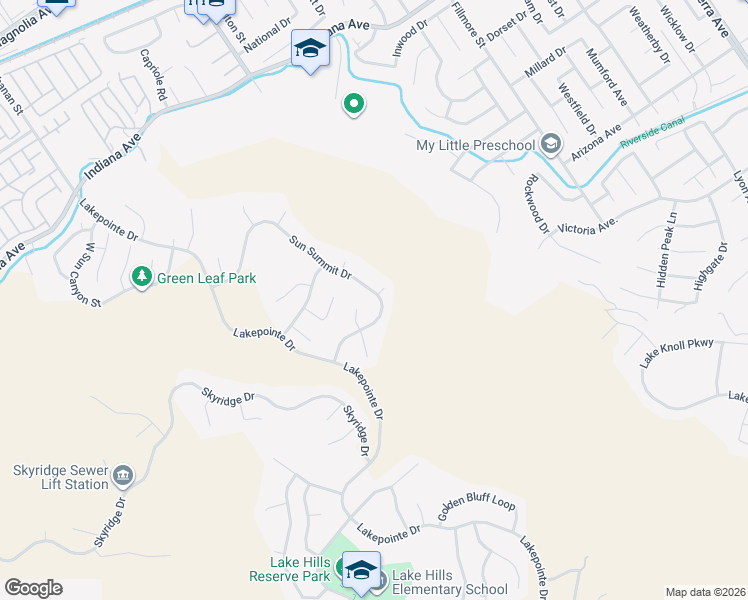 map of restaurants, bars, coffee shops, grocery stores, and more near 16423 Sun Summit Drive in Riverside