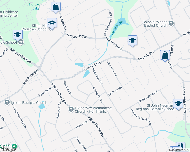 map of restaurants, bars, coffee shops, grocery stores, and more near 415 Bruce Way Southwest in Lilburn