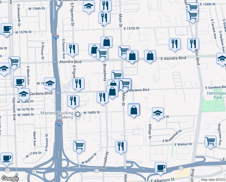 map of restaurants, bars, coffee shops, grocery stores, and more near 219 West Gardena Boulevard in Gardena