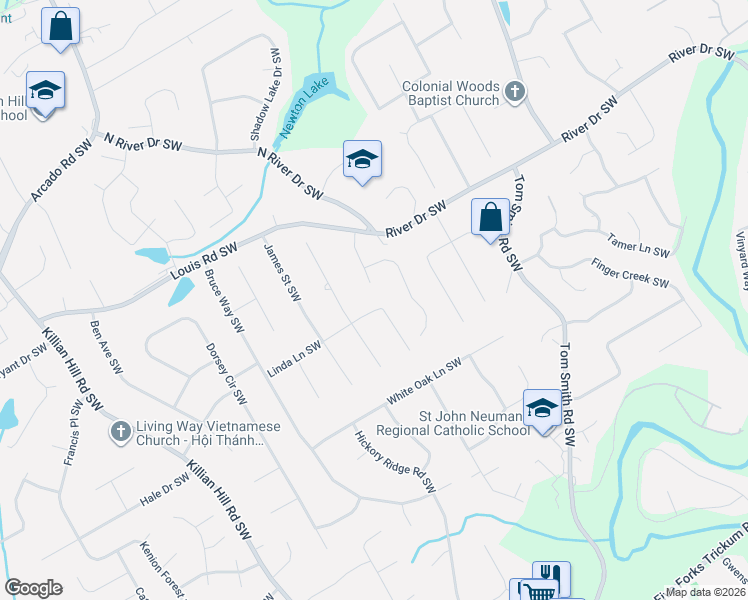 map of restaurants, bars, coffee shops, grocery stores, and more near 4057 Linda Lane Southwest in Lilburn