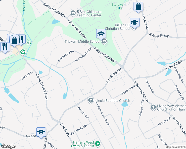 map of restaurants, bars, coffee shops, grocery stores, and more near 200 Village Green Court Southwest in Lilburn