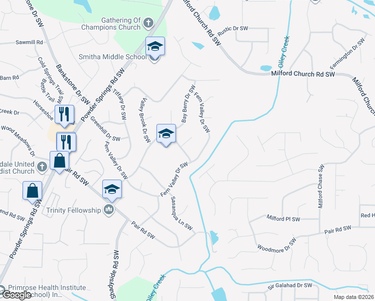 map of restaurants, bars, coffee shops, grocery stores, and more near 2907 Roxboro Drive Southwest in Marietta