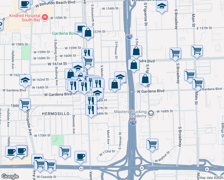 map of restaurants, bars, coffee shops, grocery stores, and more near 725 West Gardena Boulevard in Gardena
