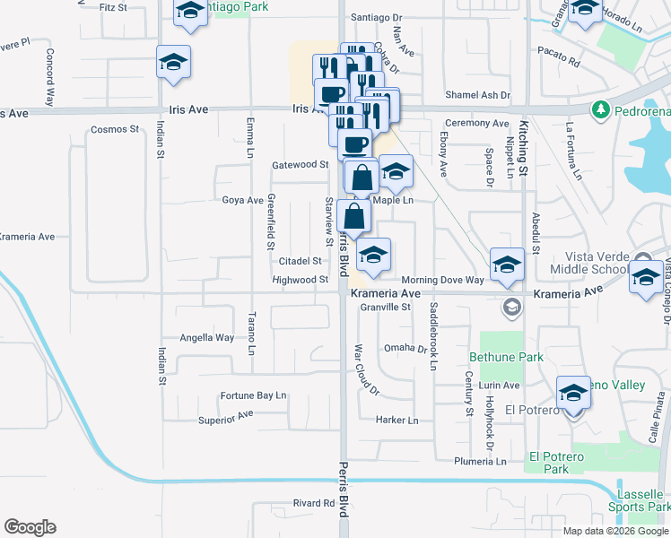 map of restaurants, bars, coffee shops, grocery stores, and more near 16412 Starview Street in Moreno Valley