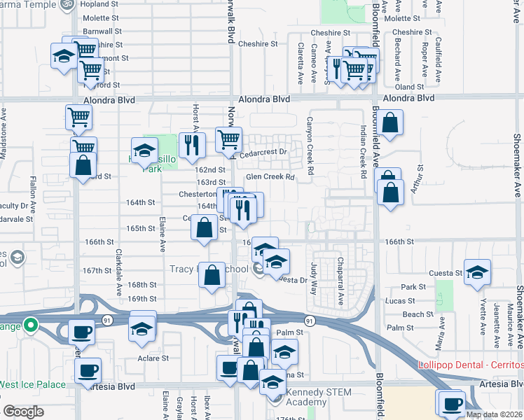 map of restaurants, bars, coffee shops, grocery stores, and more near 16406 Bear Meadow Circle in Cerritos