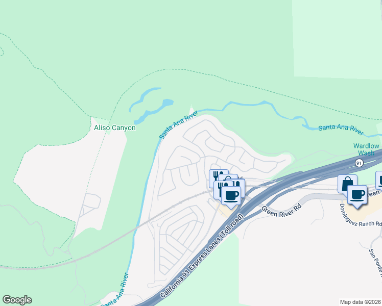 map of restaurants, bars, coffee shops, grocery stores, and more near 11540 Chadwick Road in Corona