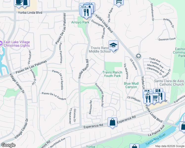 map of restaurants, bars, coffee shops, grocery stores, and more near 5530 Vía Sepulveda in Yorba Linda