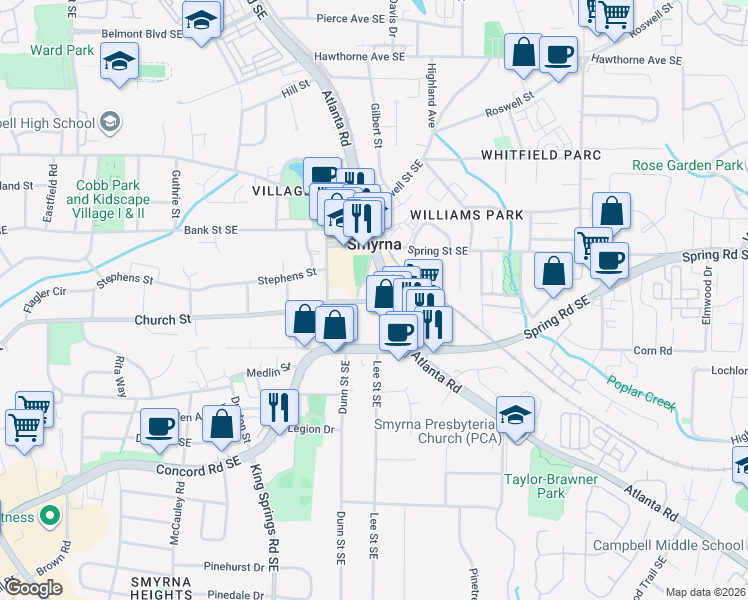 map of restaurants, bars, coffee shops, grocery stores, and more near 1341 Church Street in Smyrna