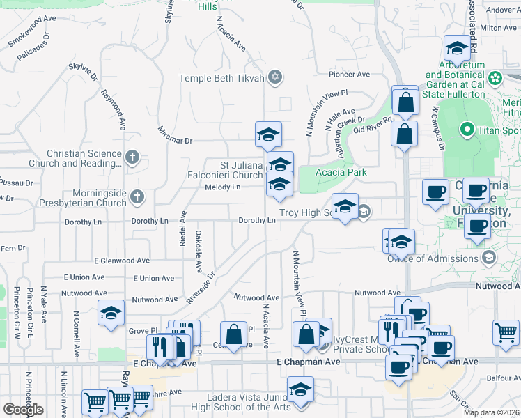 map of restaurants, bars, coffee shops, grocery stores, and more near 1213 North Acacia Avenue in Fullerton
