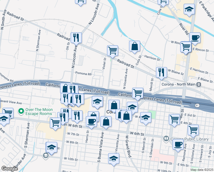 map of restaurants, bars, coffee shops, grocery stores, and more near 112 North Buena Vista Avenue in Corona