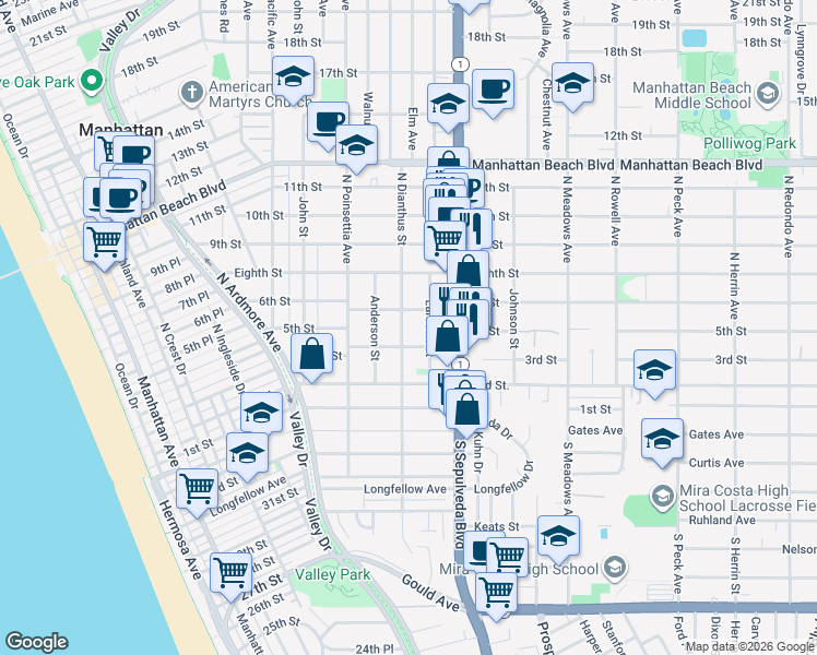 map of restaurants, bars, coffee shops, grocery stores, and more near 408 North Dianthus Street in Manhattan Beach