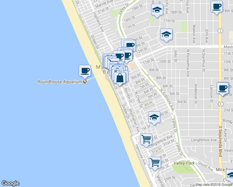map of restaurants, bars, coffee shops, grocery stores, and more near 800 The Strand in Manhattan Beach