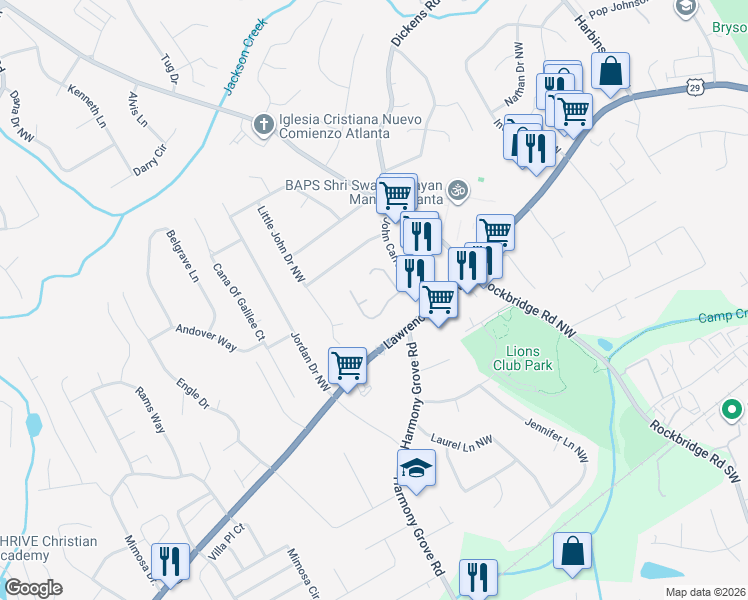 map of restaurants, bars, coffee shops, grocery stores, and more near 5712 Grove Farm Court Northwest in Lilburn