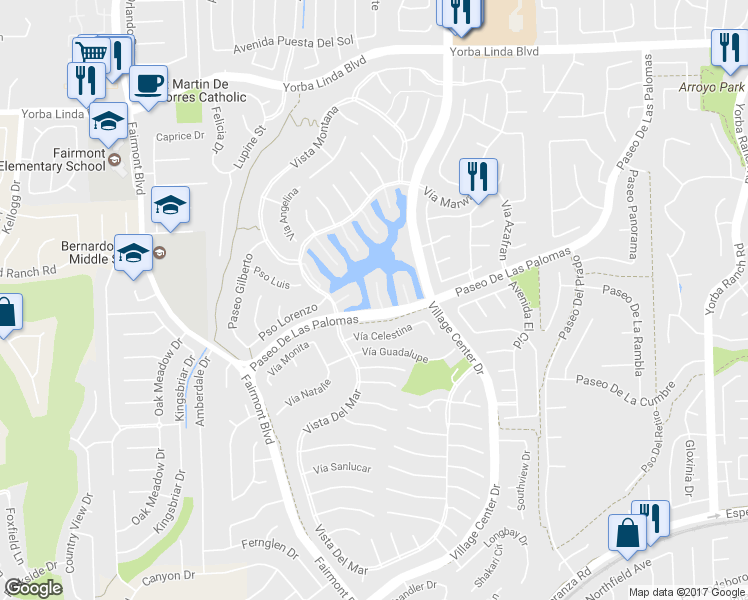 map of restaurants, bars, coffee shops, grocery stores, and more near 5475 Vía Fonte in Yorba Linda