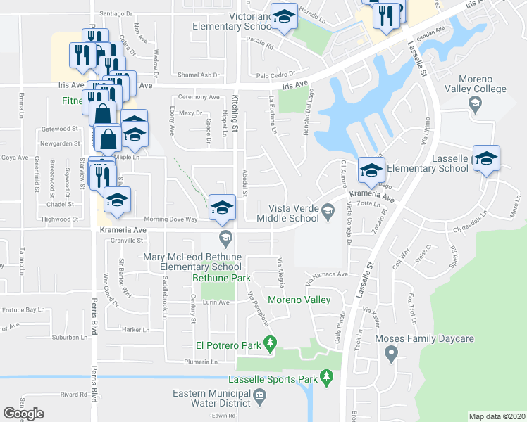 map of restaurants, bars, coffee shops, grocery stores, and more near 16446 Ancladero Court in Moreno Valley