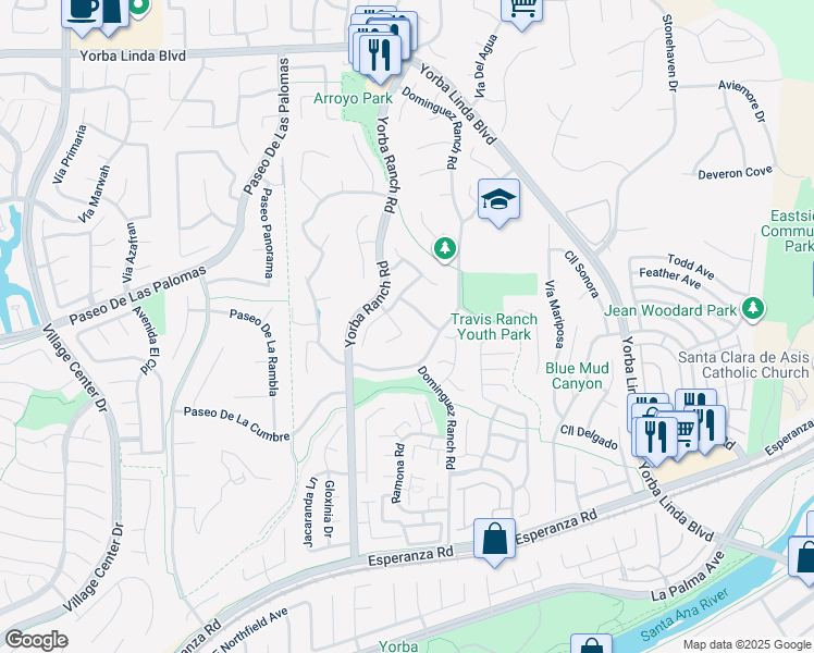 map of restaurants, bars, coffee shops, grocery stores, and more near 5530 Vía Sepulveda in Yorba Linda