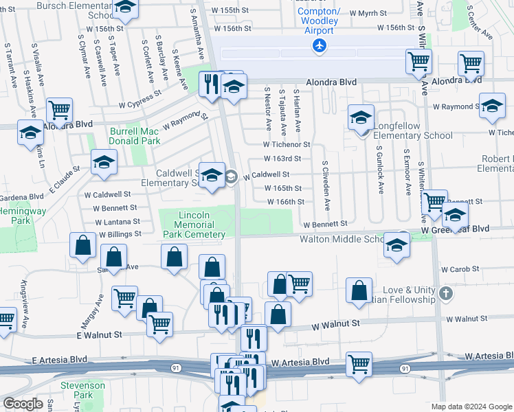 map of restaurants, bars, coffee shops, grocery stores, and more near 1718 West 166th Street in Compton