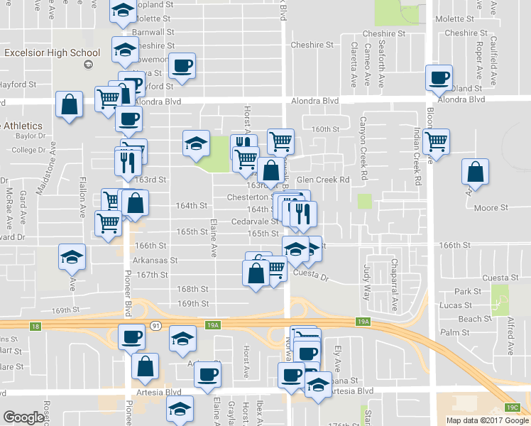 map of restaurants, bars, coffee shops, grocery stores, and more near 12126 164th St in Norwalk