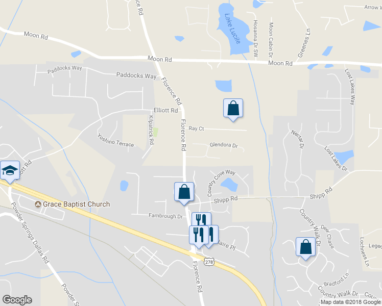 map of restaurants, bars, coffee shops, grocery stores, and more near 5195 Glendora Drive in Powder Springs