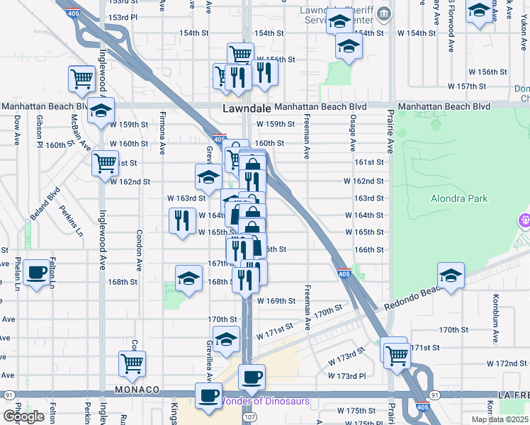 map of restaurants, bars, coffee shops, grocery stores, and more near 4337 West 164th Street in Lawndale