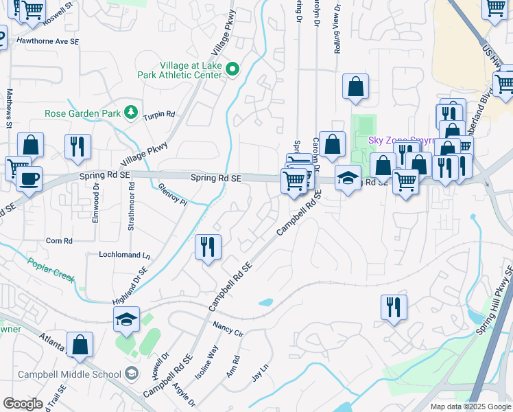 map of restaurants, bars, coffee shops, grocery stores, and more near 602 Country Park Drive in Smyrna