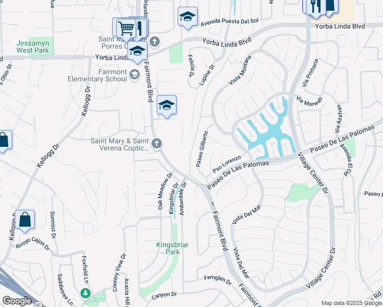 map of restaurants, bars, coffee shops, grocery stores, and more near 19800 Paseo Gilberto in Yorba Linda