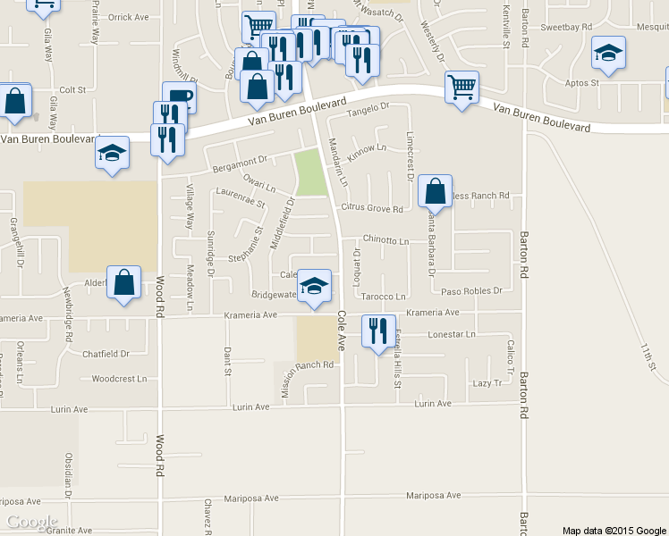 map of restaurants, bars, coffee shops, grocery stores, and more near 9269 Loquat Drive in Riverside