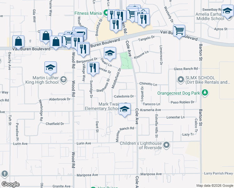 map of restaurants, bars, coffee shops, grocery stores, and more near 19320 Totem Court in Riverside