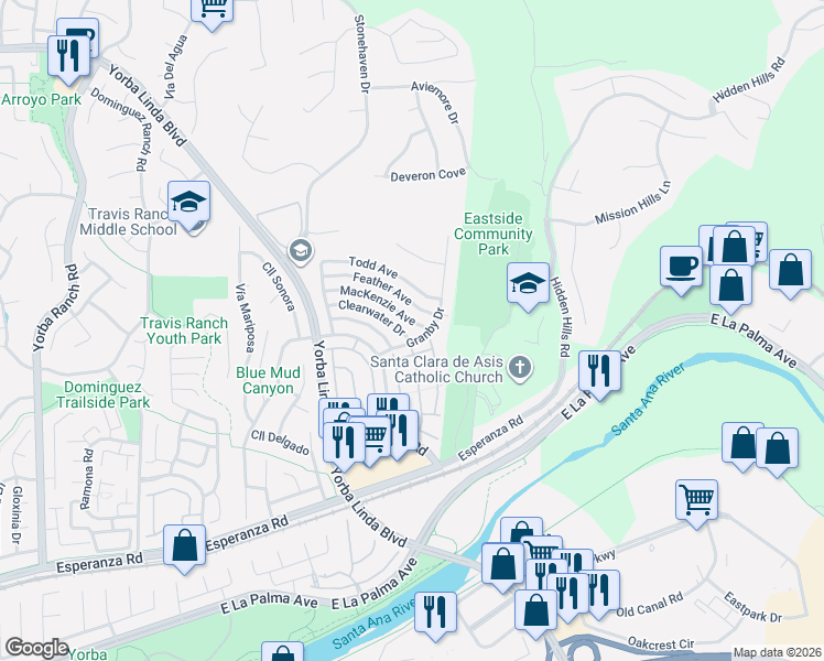 map of restaurants, bars, coffee shops, grocery stores, and more near 21850 Mackenzie Avenue in Yorba Linda