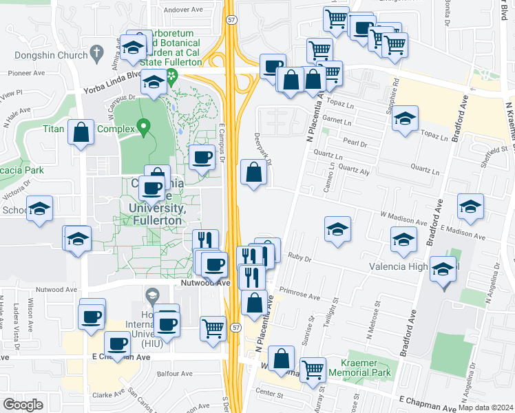 map of restaurants, bars, coffee shops, grocery stores, and more near 2842 Madison Avenue in Fullerton