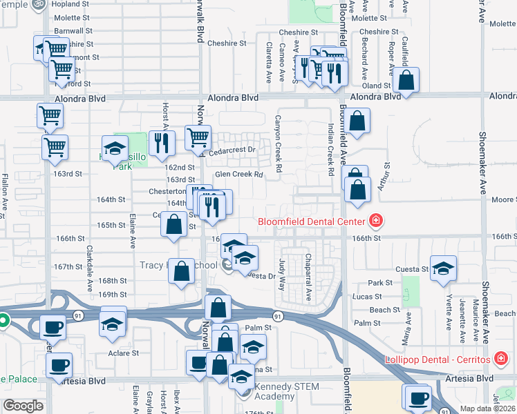 map of restaurants, bars, coffee shops, grocery stores, and more near 16406 Cherry Crest Circle in Cerritos