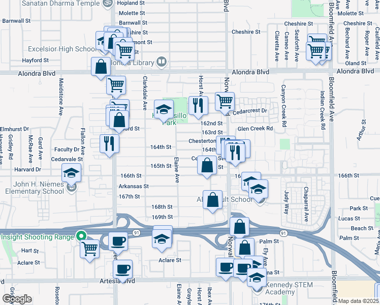 map of restaurants, bars, coffee shops, grocery stores, and more near 12044 164th Street in Norwalk