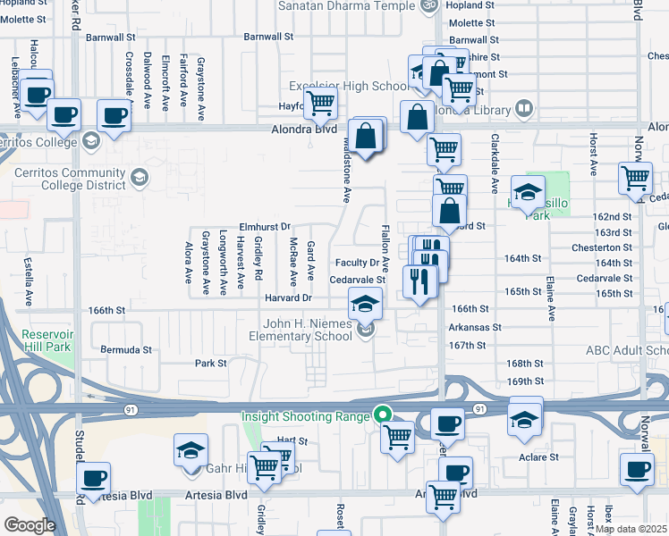 map of restaurants, bars, coffee shops, grocery stores, and more near 11602 Faculty Drive in Norwalk