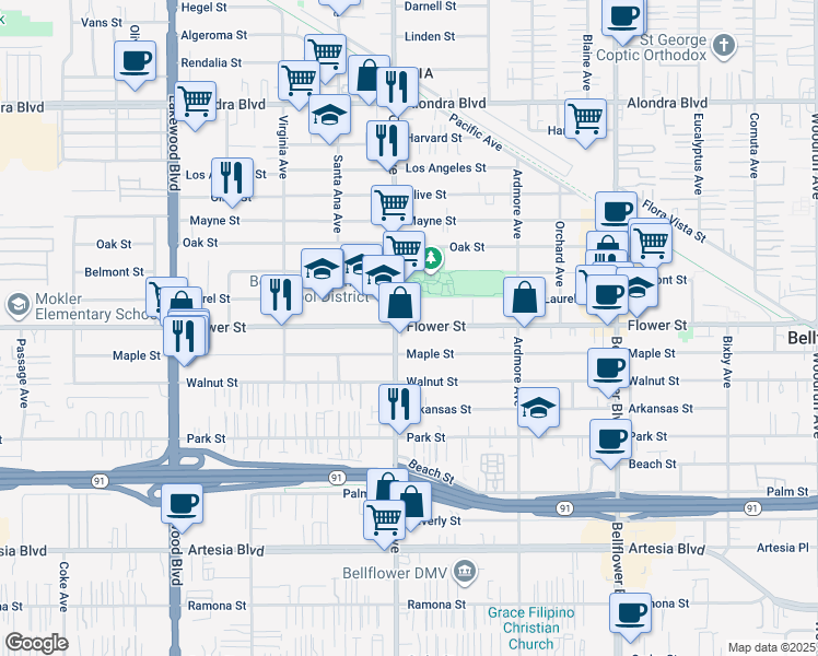 map of restaurants, bars, coffee shops, grocery stores, and more near in Bellflower