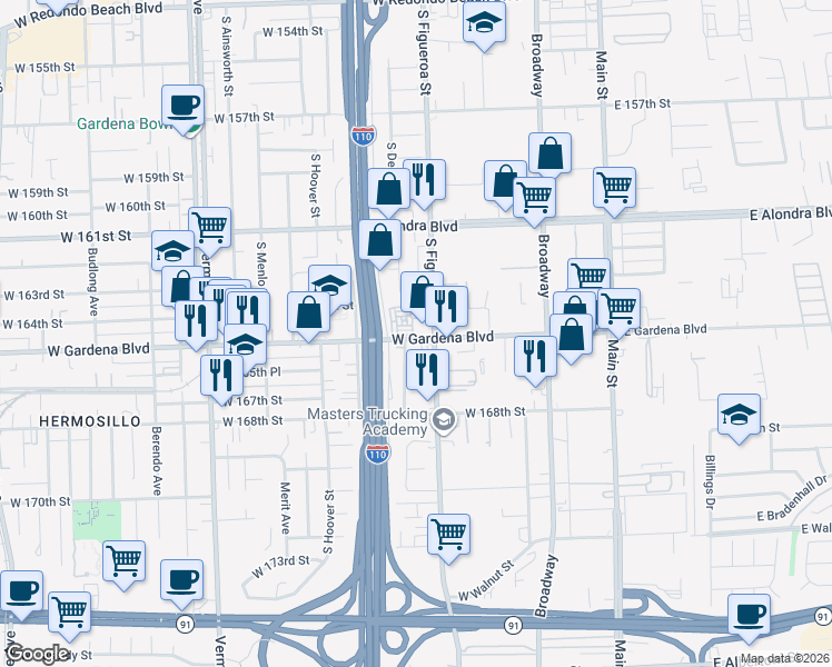 map of restaurants, bars, coffee shops, grocery stores, and more near 555 West Gardena Boulevard in Gardena