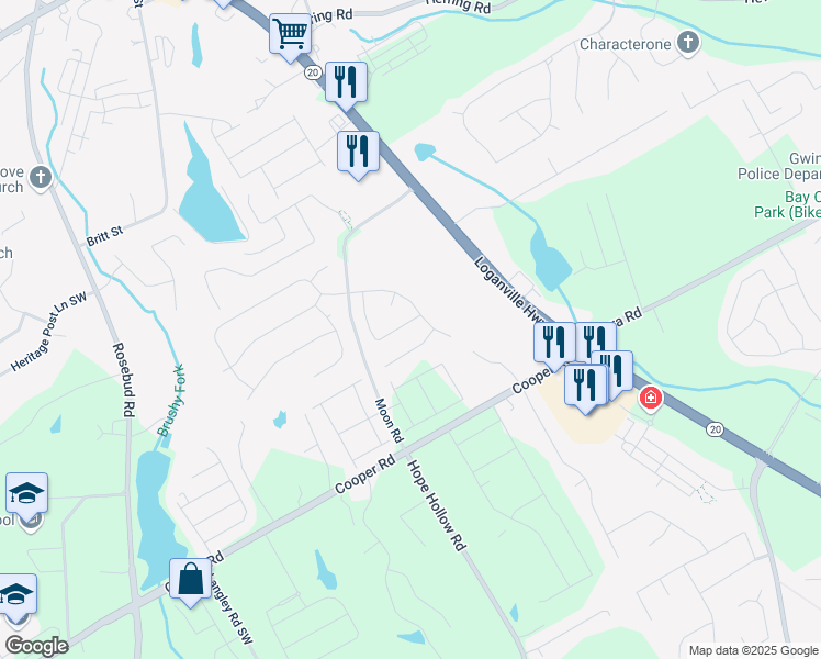 map of restaurants, bars, coffee shops, grocery stores, and more near 2733 Madison Mae Lane in Grayson