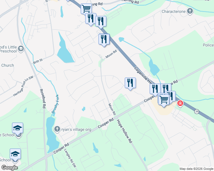 map of restaurants, bars, coffee shops, grocery stores, and more near 2698 Moon Road in Loganville