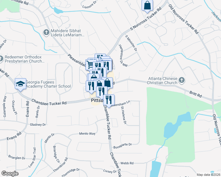 map of restaurants, bars, coffee shops, grocery stores, and more near 4153 Britt Road in Tucker