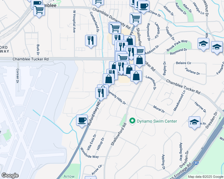 map of restaurants, bars, coffee shops, grocery stores, and more near in Chamblee