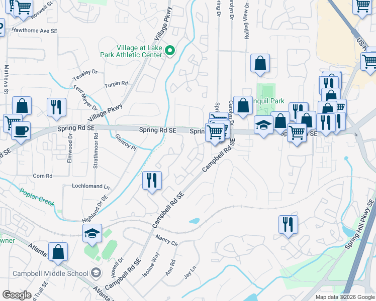 map of restaurants, bars, coffee shops, grocery stores, and more near 605 Countryside Place in Smyrna