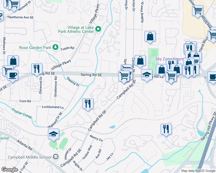 map of restaurants, bars, coffee shops, grocery stores, and more near 602 Country Park Drive in Smyrna