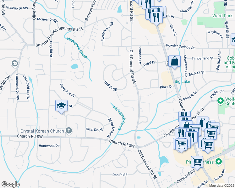 map of restaurants, bars, coffee shops, grocery stores, and more near 1212 Magnolia Way Southeast in Smyrna