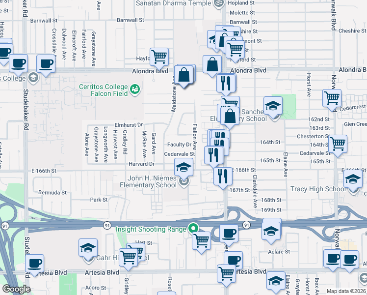 map of restaurants, bars, coffee shops, grocery stores, and more near 11648 Faculty Drive in Norwalk
