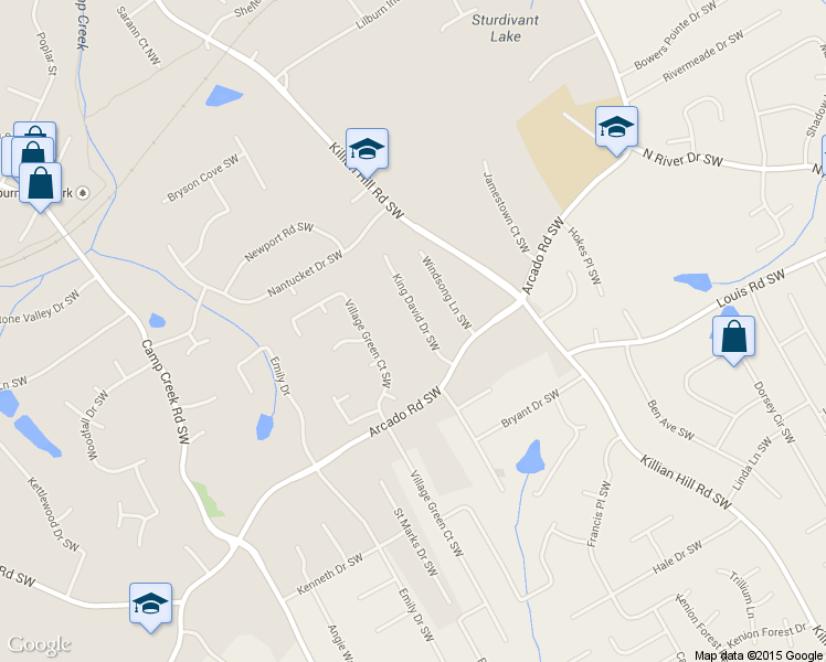 map of restaurants, bars, coffee shops, grocery stores, and more near 235 King David Drive Southwest in Lilburn