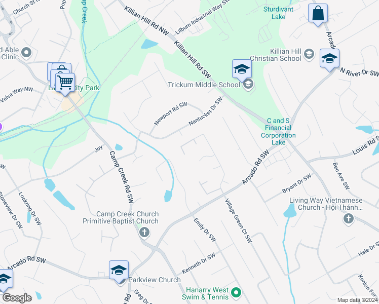 map of restaurants, bars, coffee shops, grocery stores, and more near 31 Village Green Court Southwest in Lilburn