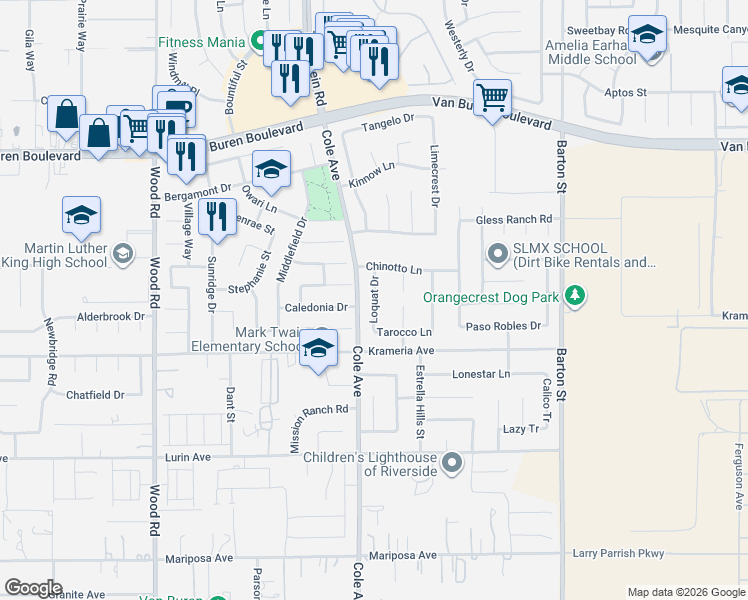 map of restaurants, bars, coffee shops, grocery stores, and more near 9269 Loquat Drive in Riverside