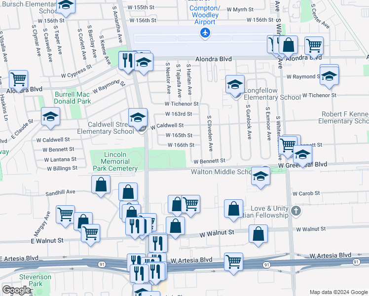 map of restaurants, bars, coffee shops, grocery stores, and more near 1510 West 166th Street in Compton