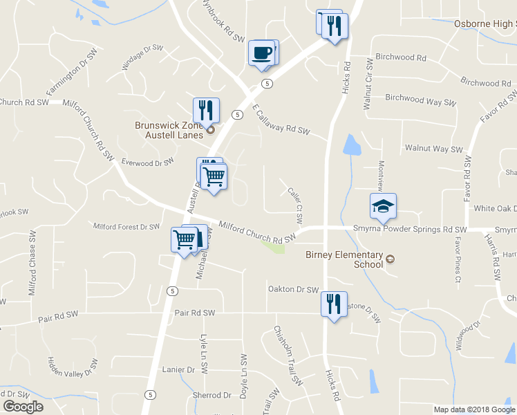 map of restaurants, bars, coffee shops, grocery stores, and more near 1025 Hicksmil Drive Southwest in Marietta