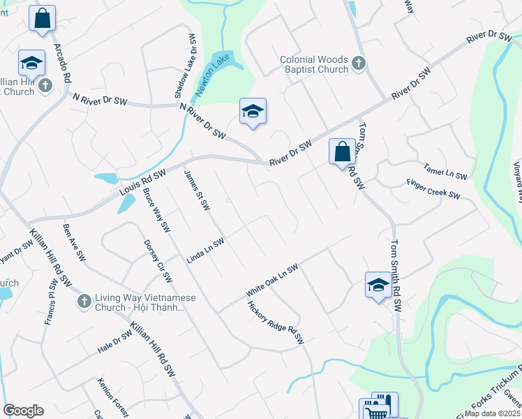 map of restaurants, bars, coffee shops, grocery stores, and more near 4047 Linda Lane Southwest in Lilburn